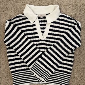 LOFT Striped V-Neck Sweater in Navy and White